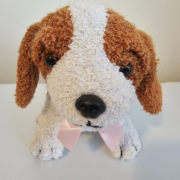 Walmart Terry Cloth Beagle Dog Plush Stuffed Animal Brown Beige Pink Bow 6" - Picture 2 of 7